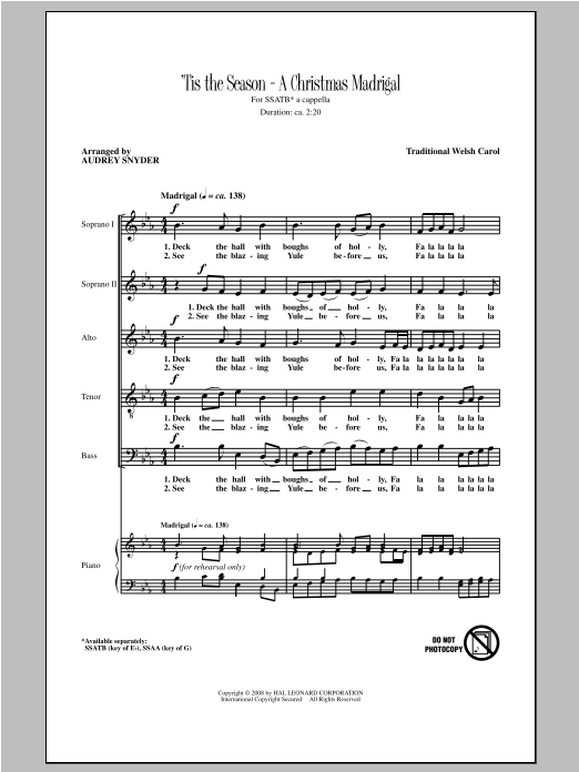 Traditional Carol Deck The Halls (arr. Audrey Snyder) Sheet Music Notes & Chords for SATB - Download or Print PDF