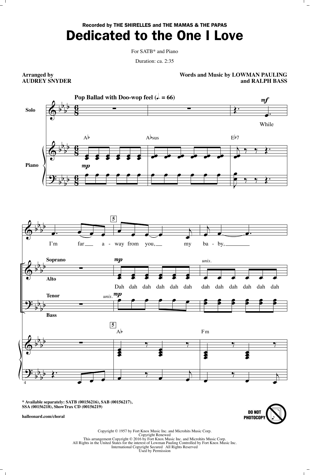 The Shirelles Dedicated To The One I Love (arr. Audrey Snyder) Sheet Music Notes & Chords for SAB - Download or Print PDF