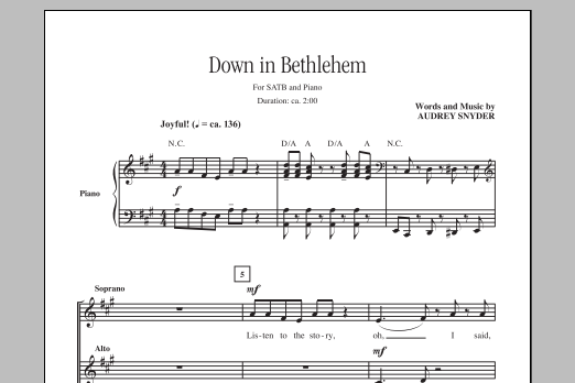 Audrey Snyder Down In Bethlehem Sheet Music Notes & Chords for SATB - Download or Print PDF