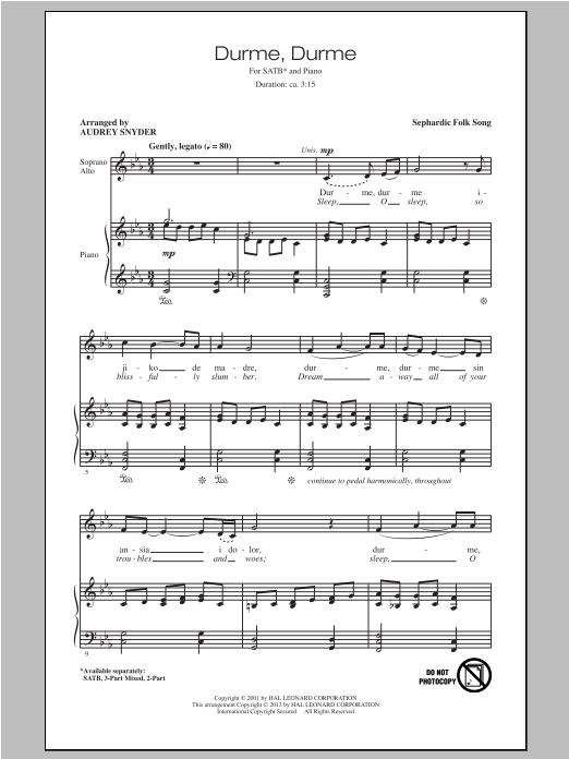 Audrey Snyder Durme, Durme Sheet Music Notes & Chords for SATB - Download or Print PDF