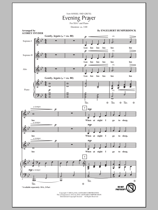 Audrey Snyder Evening Prayer Sheet Music Notes & Chords for SSA - Download or Print PDF