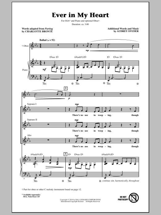 Audrey Snyder Ever In My Heart Sheet Music Notes & Chords for SSA - Download or Print PDF