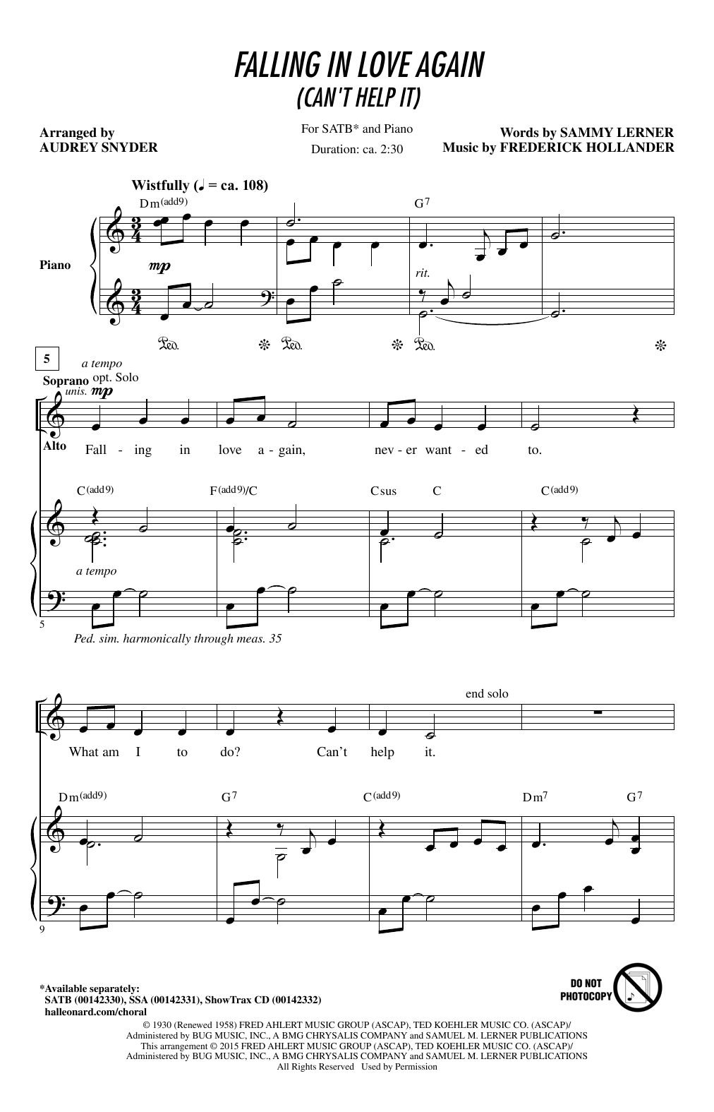 Audrey Snyder Falling In Love Again (Can't Help It) Sheet Music Notes & Chords for SATB - Download or Print PDF