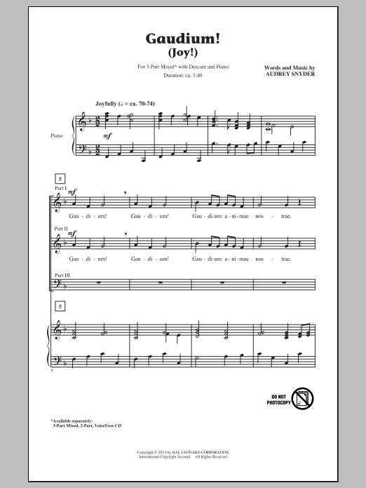 Audrey Snyder Gaudium! Sheet Music Notes & Chords for 3-Part Mixed - Download or Print PDF
