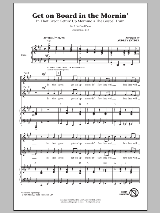 Audrey Snyder Get On Board In The Mornin' Sheet Music Notes & Chords for 2-Part Choir - Download or Print PDF