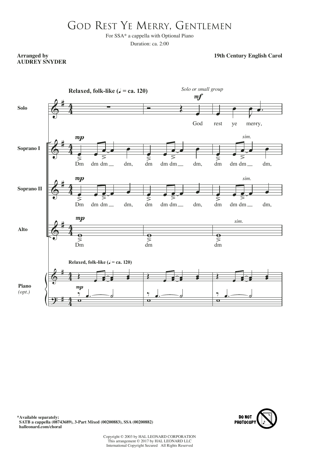 Audrey Snyder God Rest Ye Merry, Gentlemen Sheet Music Notes & Chords for SSA - Download or Print PDF