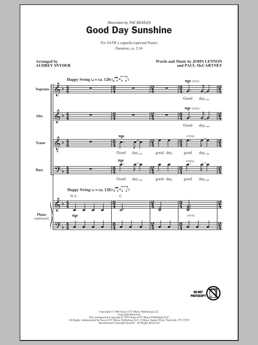 The Beatles Good Day Sunshine (arr. Audrey Snyder) Sheet Music Notes & Chords for SATB - Download or Print PDF