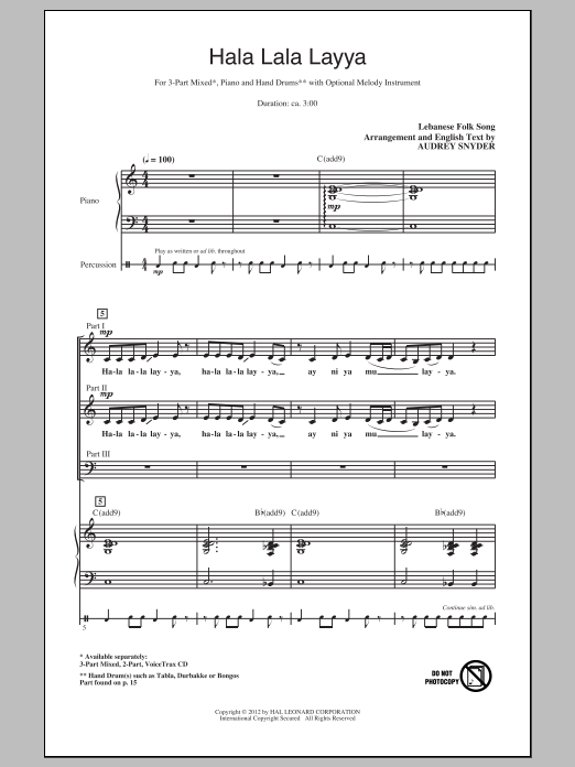 Audrey Snyder Hala Lala Layya Sheet Music Notes & Chords for 3-Part Mixed - Download or Print PDF