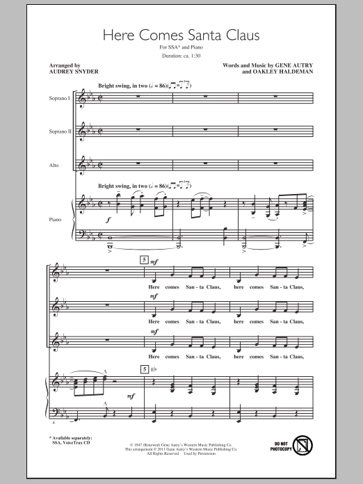 Audrey Snyder Here Comes Santa Claus (Right Down Santa Claus Lane) Sheet Music Notes & Chords for SSA - Download or Print PDF