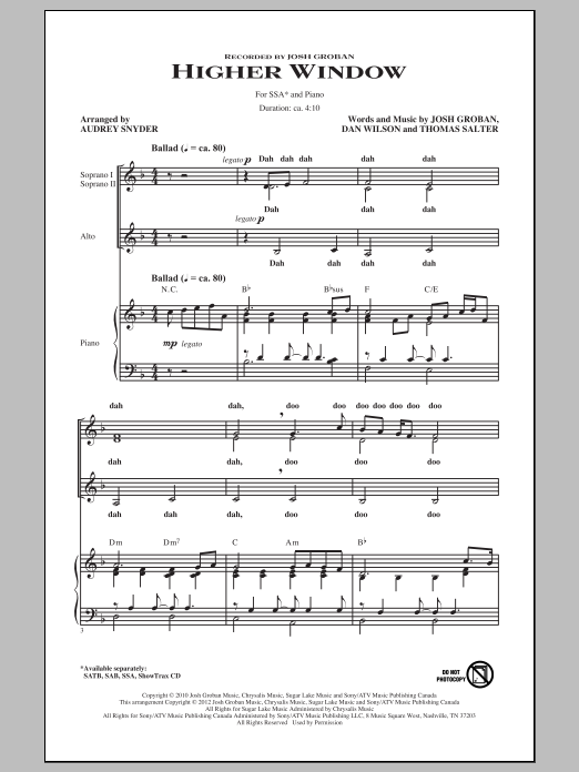 Audrey Snyder Higher Window Sheet Music Notes & Chords for SAB - Download or Print PDF