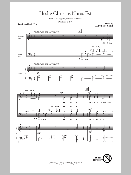 Audrey Snyder Hodie Christus Natus Est Sheet Music Notes & Chords for SATB - Download or Print PDF