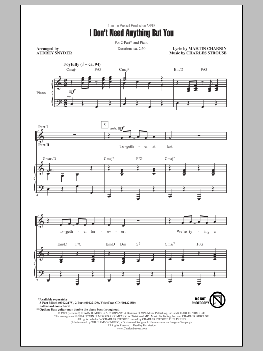 Charles Strouse I Don't Need Anything But You (arr. Audrey Snyder) Sheet Music Notes & Chords for 2-Part Choir - Download or Print PDF