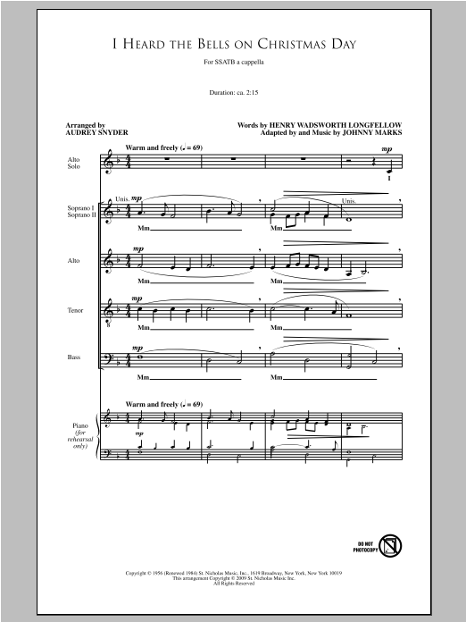 Audrey Snyder I Heard The Bells On Christmas Day Sheet Music Notes & Chords for SATB - Download or Print PDF