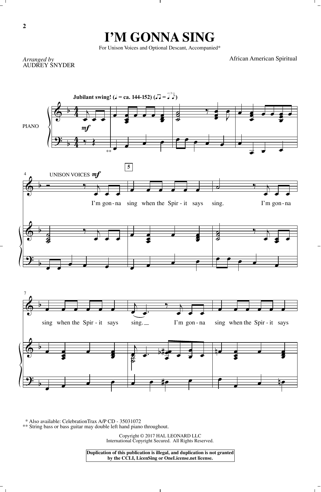 Audrey Snyder I'm Gonna Sing Sheet Music Notes & Chords for Unison Choral - Download or Print PDF