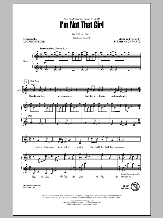 Audrey Snyder I'm Not That Girl (from Wicked) Sheet Music Notes & Chords for SSA - Download or Print PDF