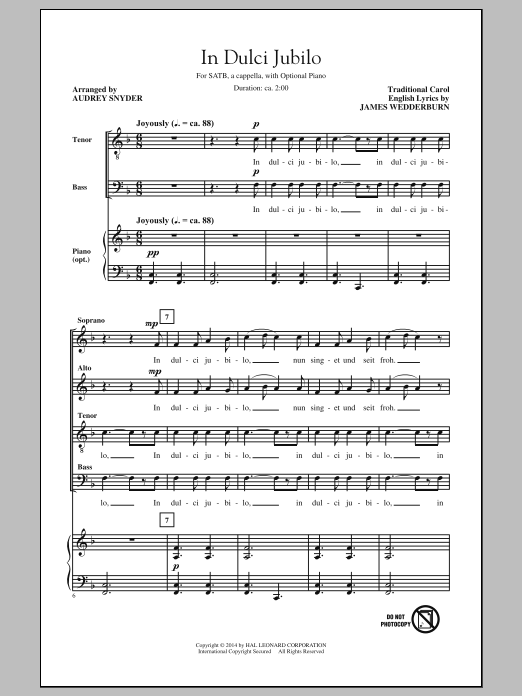 Christmas Carol In Dulci Jubilo (arr. Audrey Snyder) Sheet Music Notes & Chords for SATB - Download or Print PDF