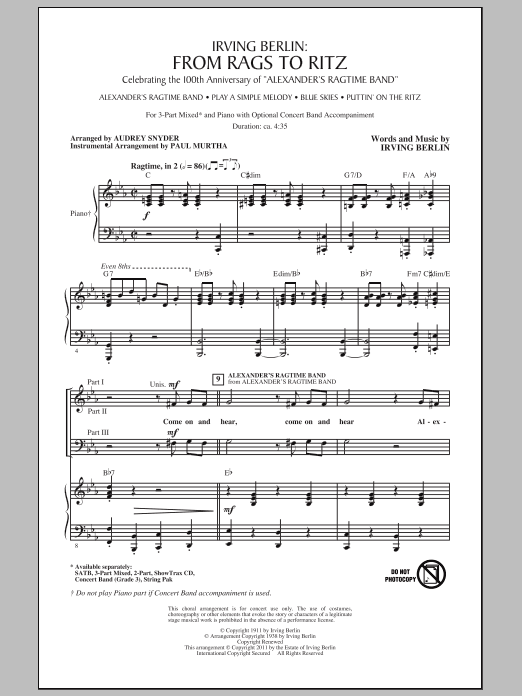 Audrey Snyder Irving Berlin: From Rags To Ritz (Medley) Sheet Music Notes & Chords for 3-Part Mixed - Download or Print PDF
