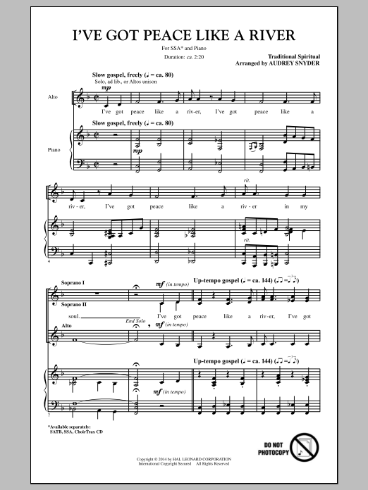 Audrey Snyder I've Got Peace Like A River Sheet Music Notes & Chords for SSA - Download or Print PDF