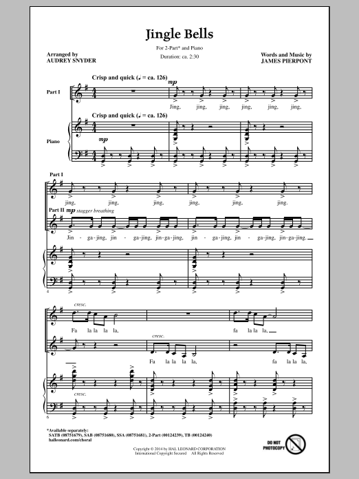 J. Pierpont Jingle Bells (arr. Audrey Snyder) Sheet Music Notes & Chords for TB - Download or Print PDF
