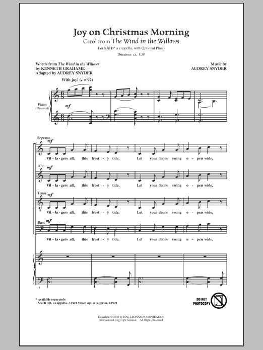 Audrey Snyder Joy On Christmas Morning (Carol from The Wind In The Willows) Sheet Music Notes & Chords for 3-Part Mixed - Download or Print PDF