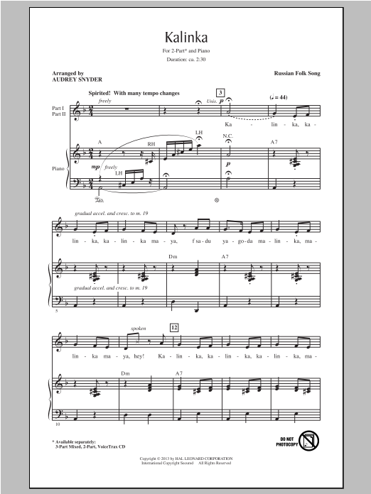 Audrey Snyder Kalinka (Little Snowball Bush) Sheet Music Notes & Chords for 2-Part Choir - Download or Print PDF