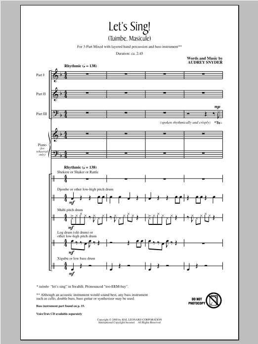 Audrey Snyder Let's Sing (Tuimbe, Masicule) Sheet Music Notes & Chords for 3-Part Mixed - Download or Print PDF