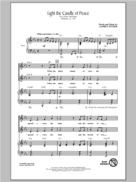 Audrey Snyder Light The Candle Of Peace Sheet Music Notes & Chords for 2-Part Choir - Download or Print PDF