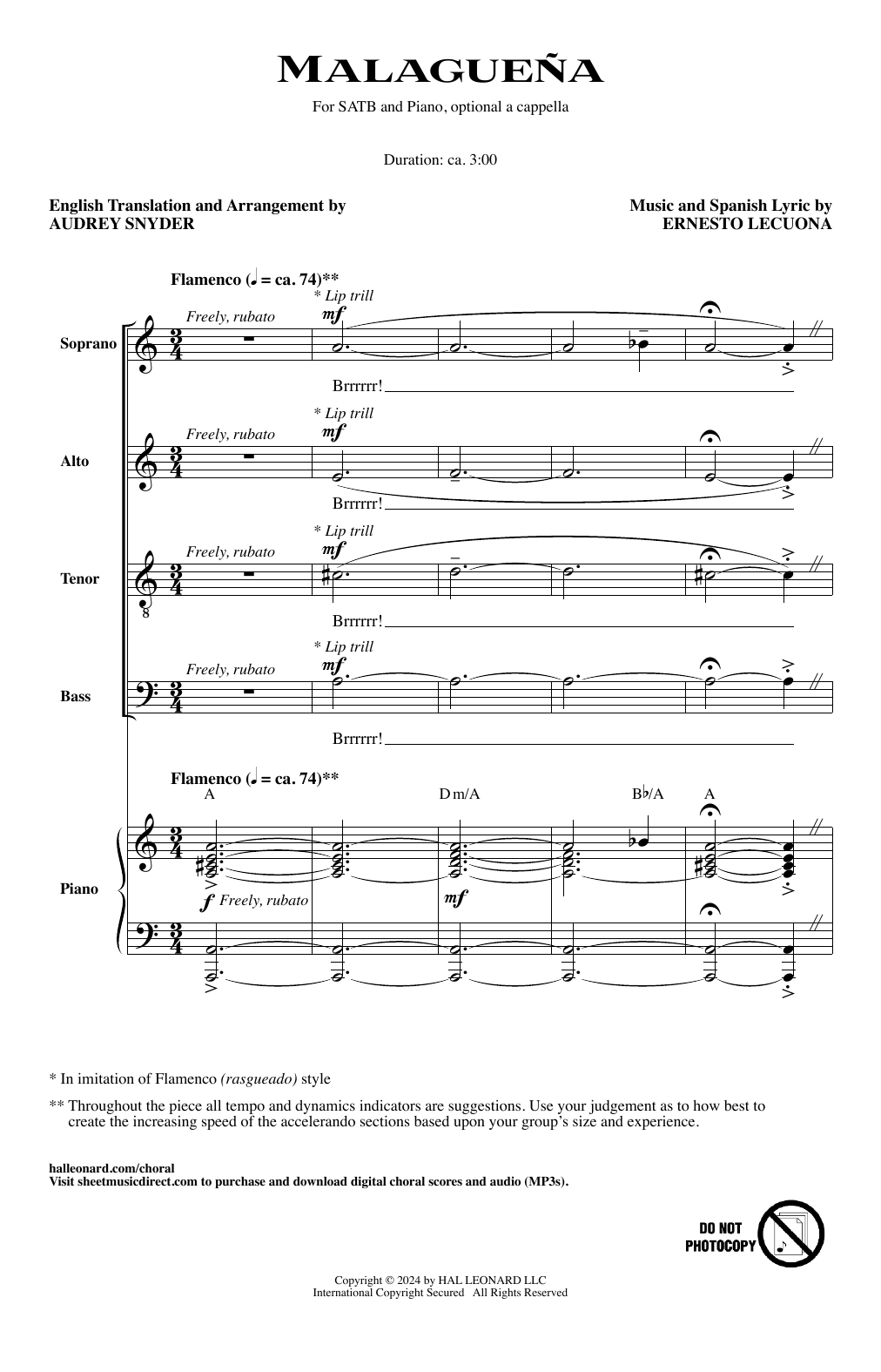 Audrey Snyder Malagueña Sheet Music Notes & Chords for SATB Choir - Download or Print PDF