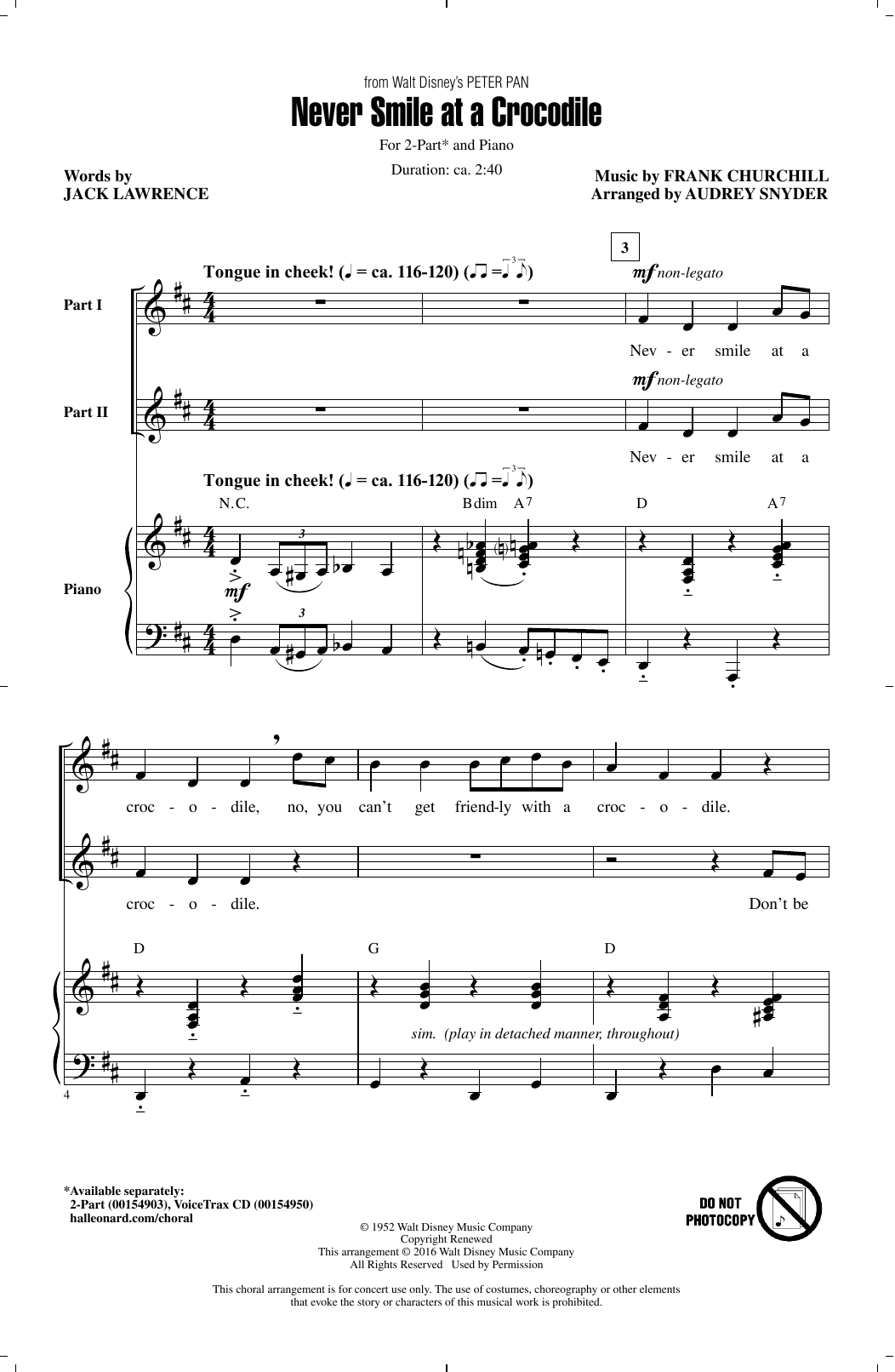 Audrey Snyder Never Smile At A Crocodile Sheet Music Notes & Chords for 2-Part Choir - Download or Print PDF