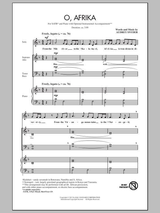 Audrey Snyder O, Afrika Sheet Music Notes & Chords for SATB - Download or Print PDF