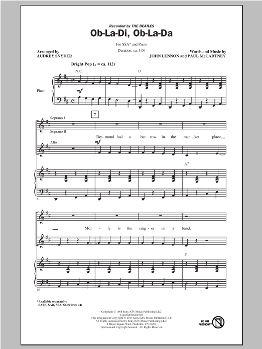 The Beatles Ob-La-Di, Ob-La-Da (arr. Audrey Snyder) Sheet Music Notes & Chords for SSA - Download or Print PDF