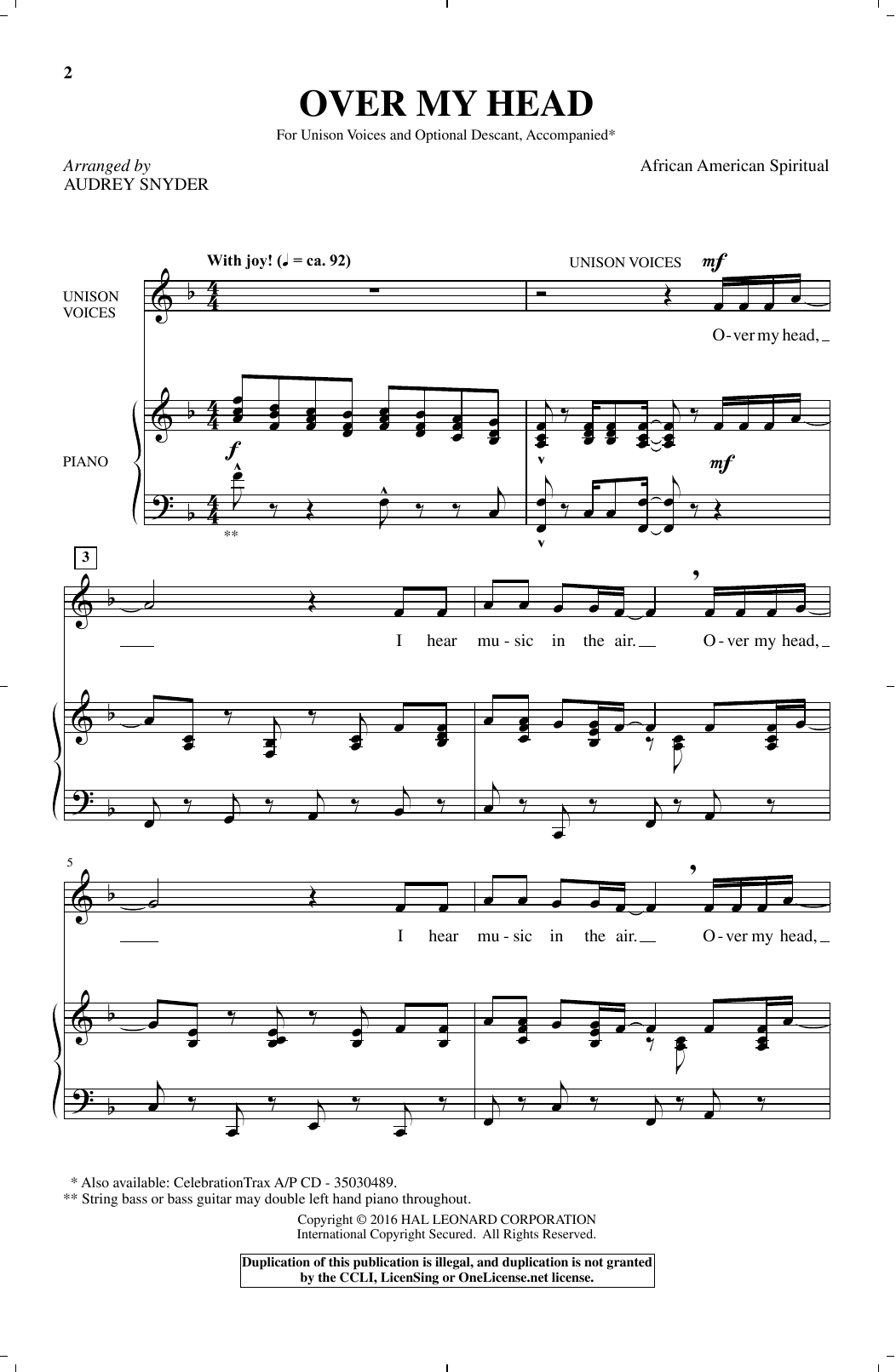 Audrey Snyder Over My Head Sheet Music Notes & Chords for Unison Choral - Download or Print PDF