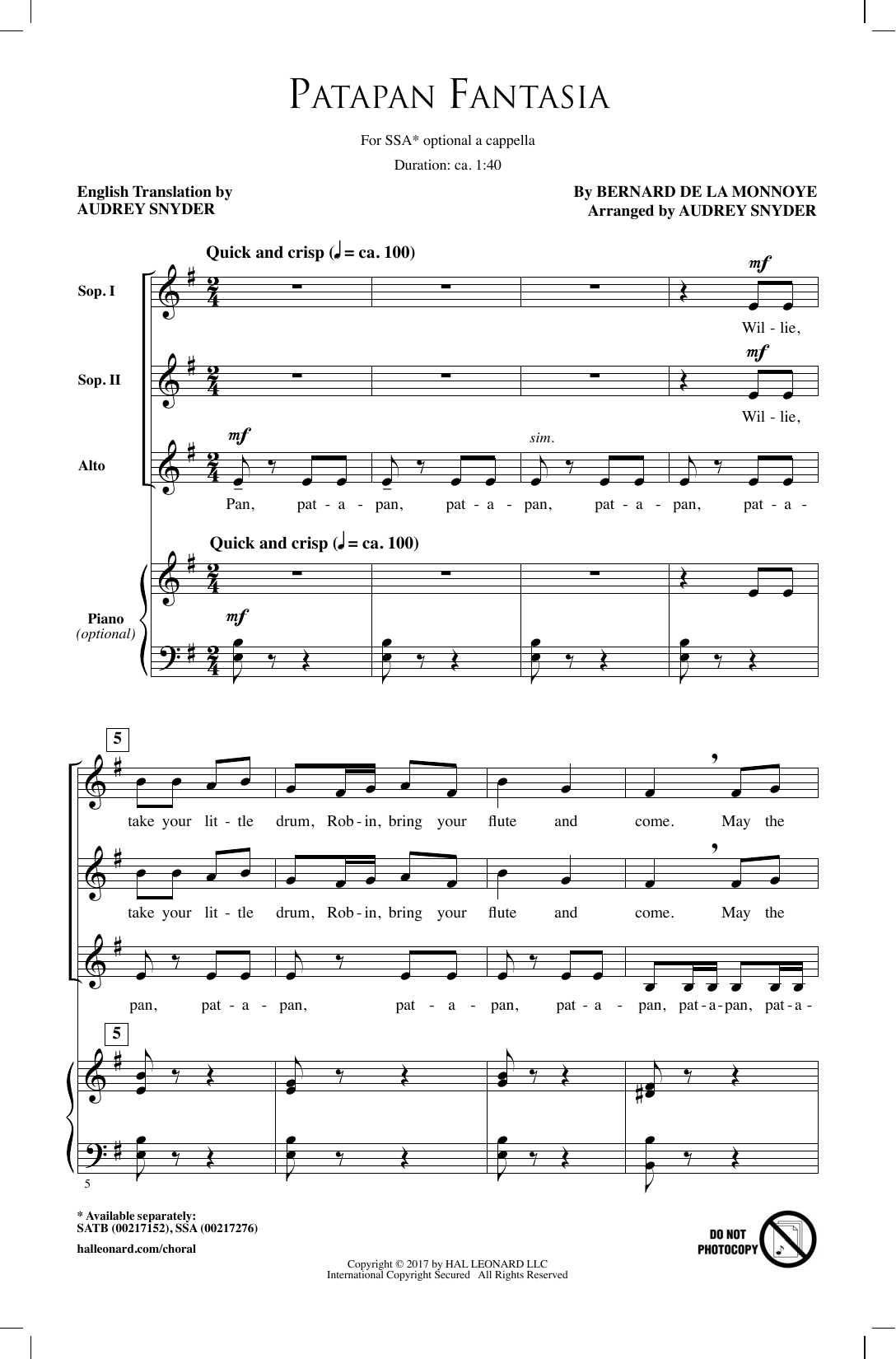 Audrey Snyder Patapan Fantasia Sheet Music Notes & Chords for SSA - Download or Print PDF