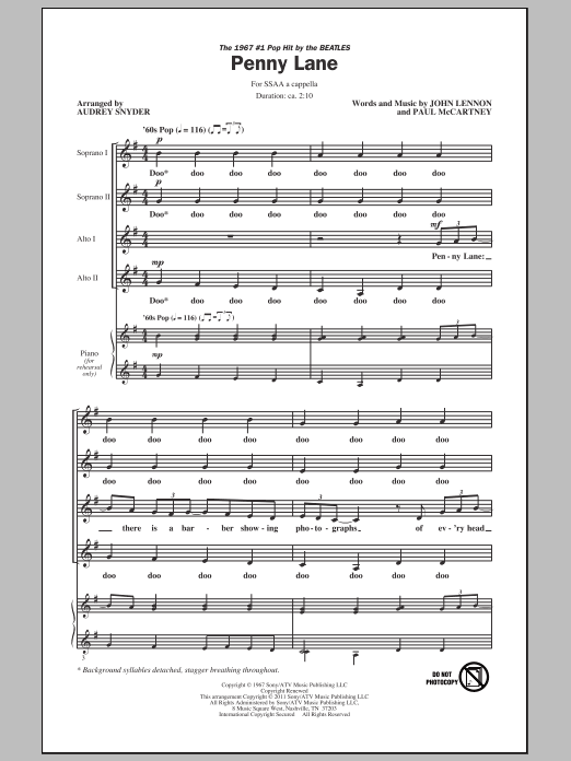 The Beatles Penny Lane (arr. Audrey Snyder) Sheet Music Notes & Chords for SSA - Download or Print PDF