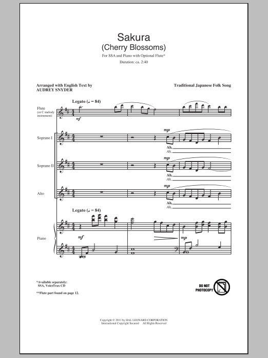 Audrey Snyder Sakura (Cherry Blossoms) Sheet Music Notes & Chords for SSA - Download or Print PDF