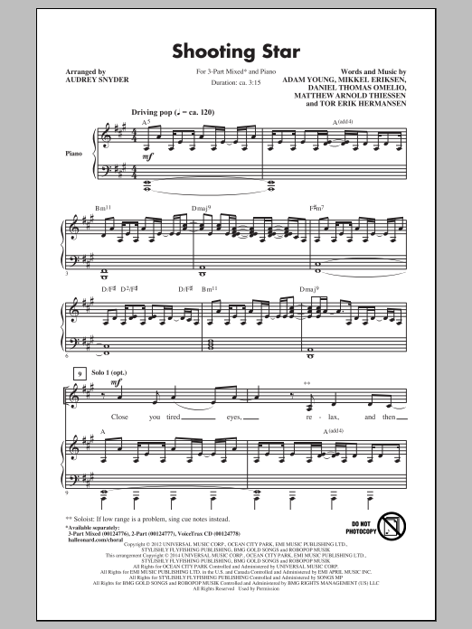 Owl City Shooting Star (arr. Audrey Snyder) Sheet Music Notes & Chords for 2-Part Choir - Download or Print PDF