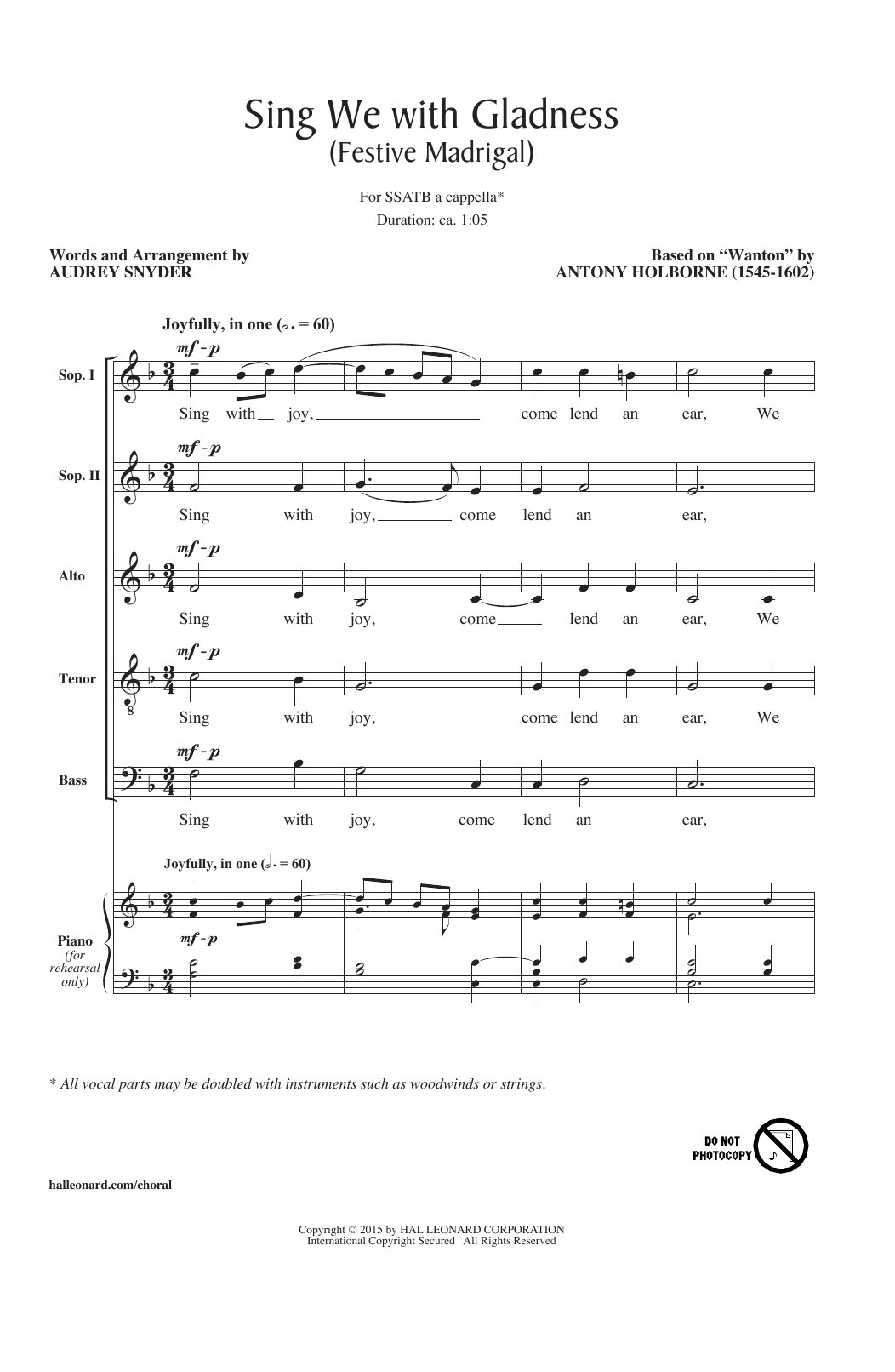 Audrey Snyder Sing We With Gladness (Festive Madrigal) Sheet Music Notes & Chords for SATB - Download or Print PDF
