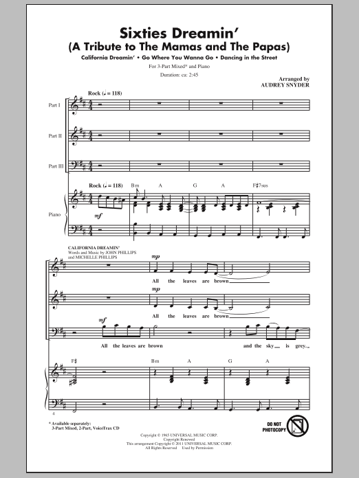 Audrey Snyder Sixties Dreamin' (A Tribute to The Mamas And The Papas) Sheet Music Notes & Chords for 2-Part Choir - Download or Print PDF
