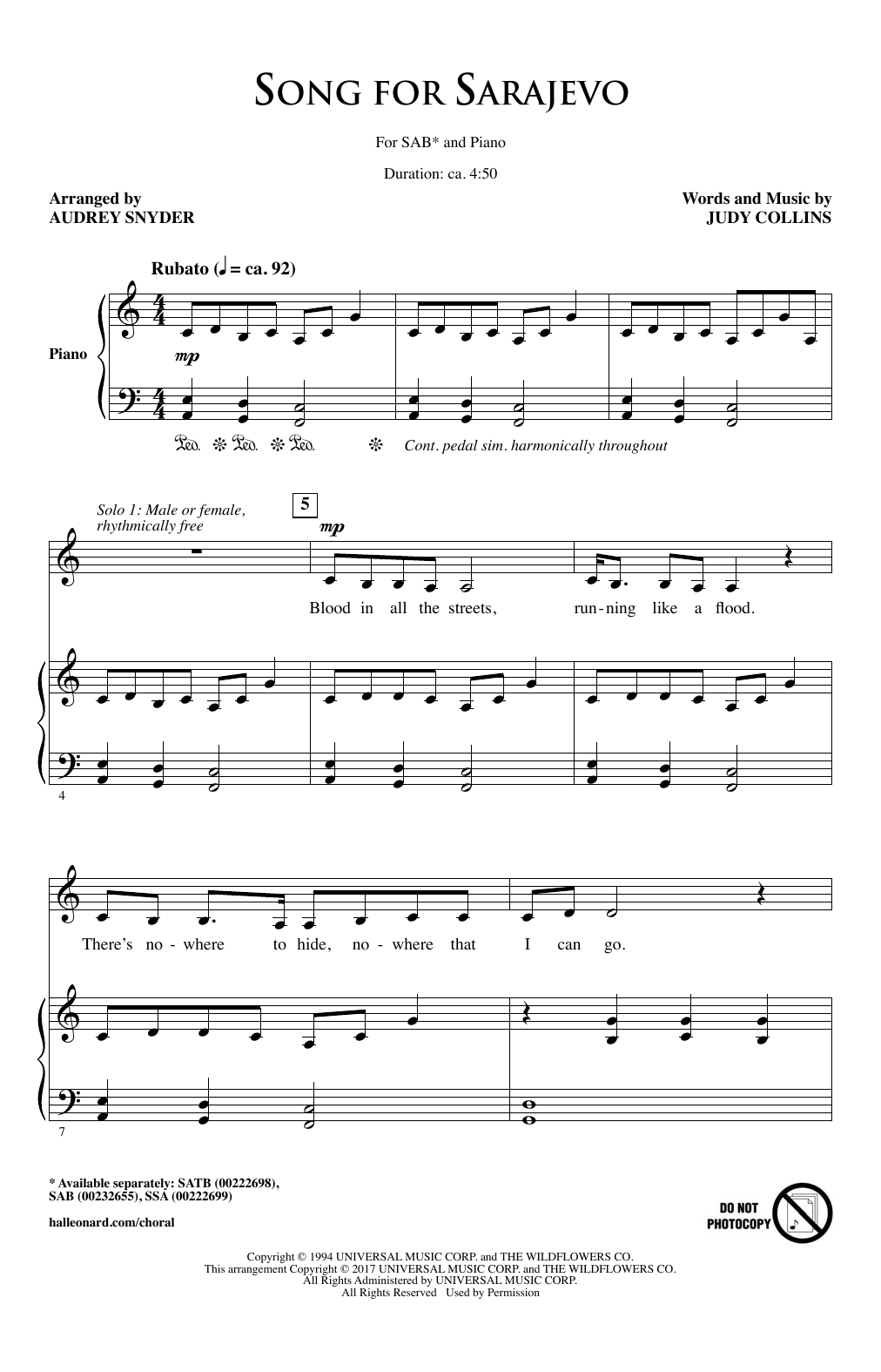 Audrey Snyder Song For Sarajevo Sheet Music Notes & Chords for SSA - Download or Print PDF