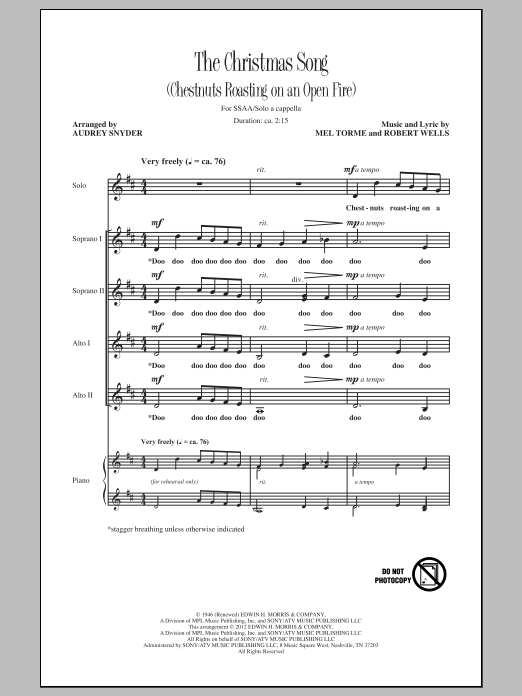 Mel Torme The Christmas Song (Chestnuts Roasting On An Open Fire) (arr. Audrey Snyder) Sheet Music Notes & Chords for SSA - Download or Print PDF