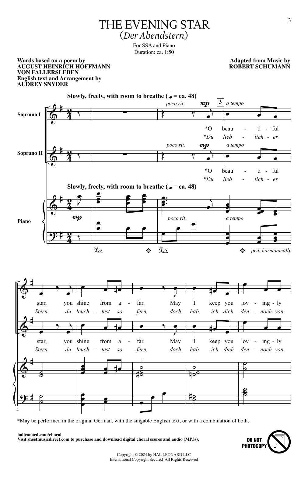 Audrey Snyder The Evening Star (Der Abendstern) Sheet Music Notes & Chords for SSA Choir - Download or Print PDF