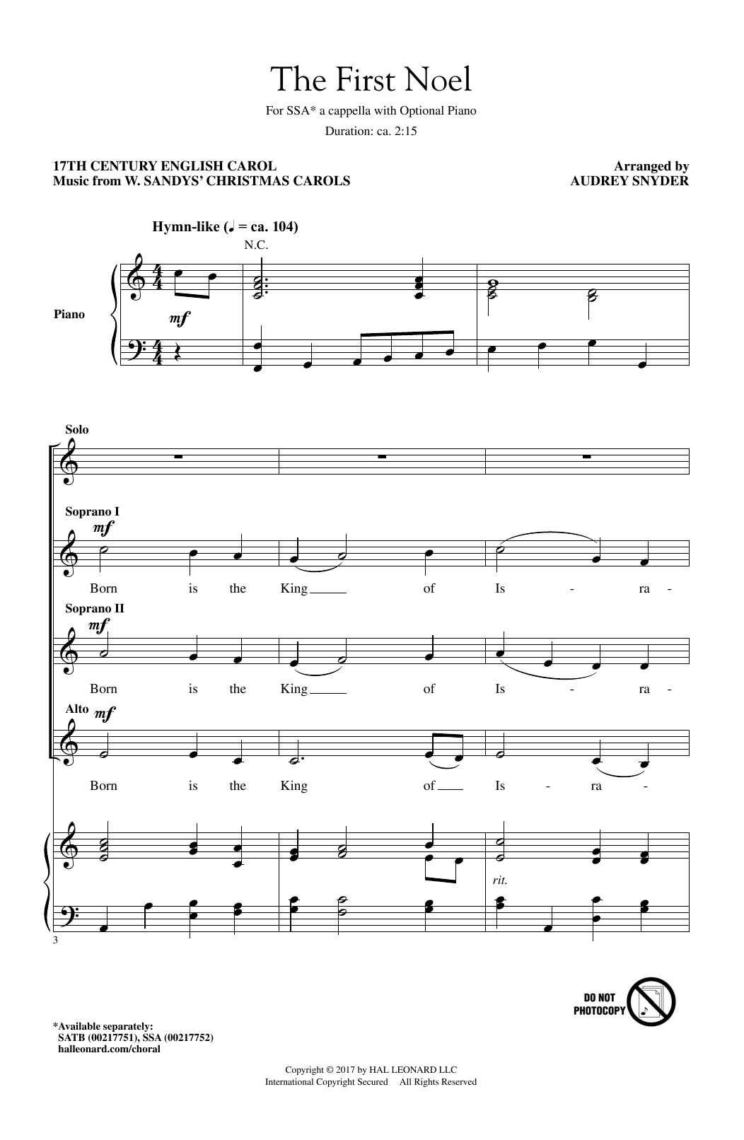 Audrey Snyder The First Noel Sheet Music Notes & Chords for SSA - Download or Print PDF