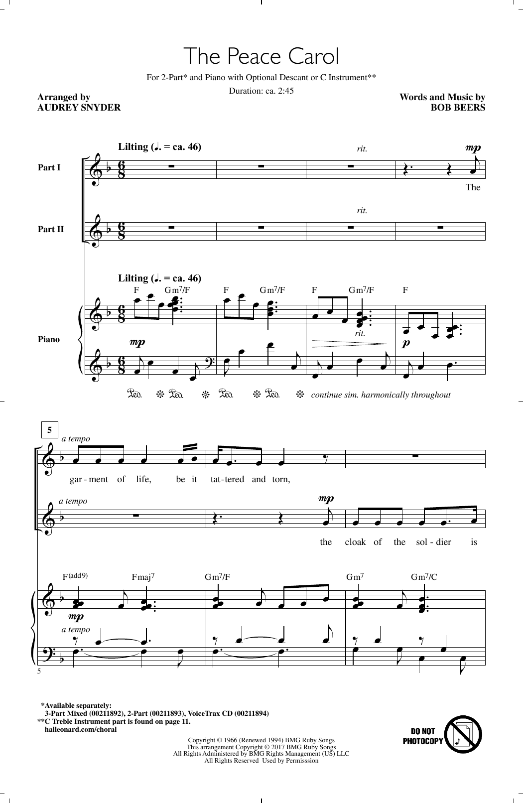 Audrey Snyder The Peace Carol Sheet Music Notes & Chords for 3-Part Mixed - Download or Print PDF
