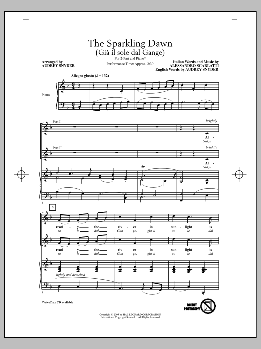 Audrey Snyder The Sparkling Dawn (Gia Il Sole Dal Gange) Sheet Music Notes & Chords for 2-Part Choir - Download or Print PDF