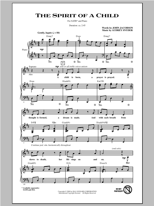 Audrey Snyder The Spirit Of A Child Sheet Music Notes & Chords for SSA - Download or Print PDF