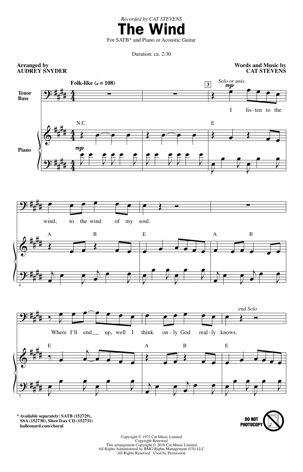 Cat Stevens The Wind (arr. Audrey Snyder) Sheet Music Notes & Chords for SATB - Download or Print PDF