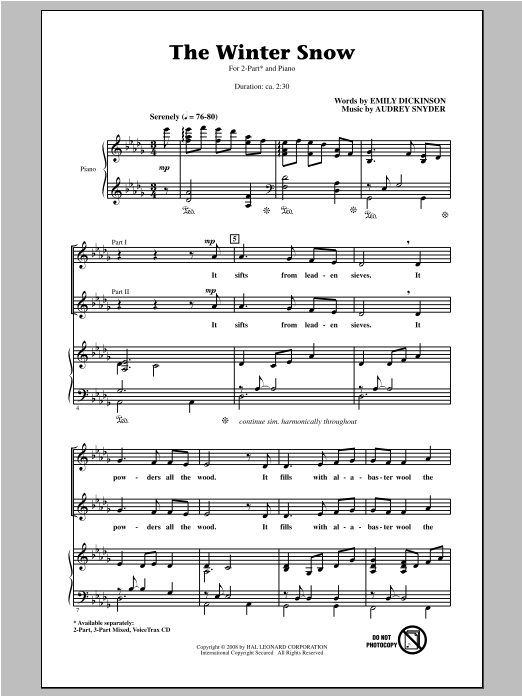 Audrey Snyder The Winter Snow Sheet Music Notes & Chords for 2-Part Choir - Download or Print PDF