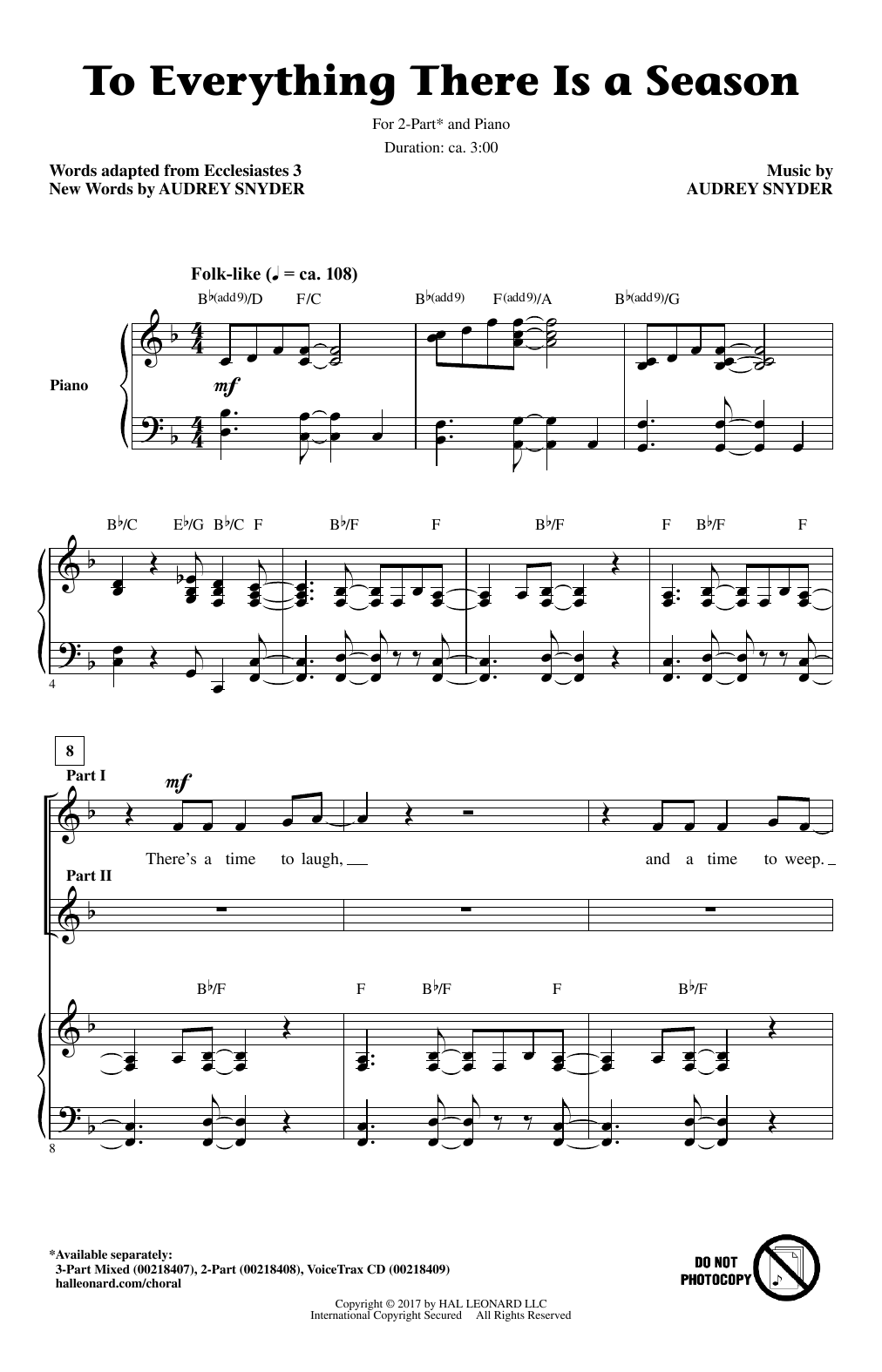 Audrey Snyder To Everything There Is A Season Sheet Music Notes & Chords for 2-Part Choir - Download or Print PDF