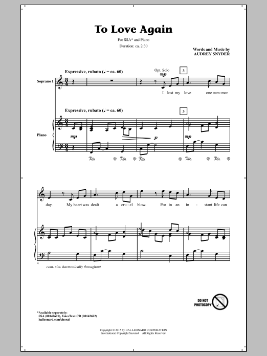 Audrey Snyder To Love Again Sheet Music Notes & Chords for SSA - Download or Print PDF
