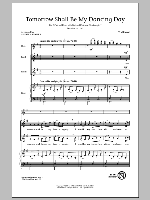 Audrey Snyder Tomorrow Shall Be My Dancing Day Sheet Music Notes & Chords for 2-Part Choir - Download or Print PDF